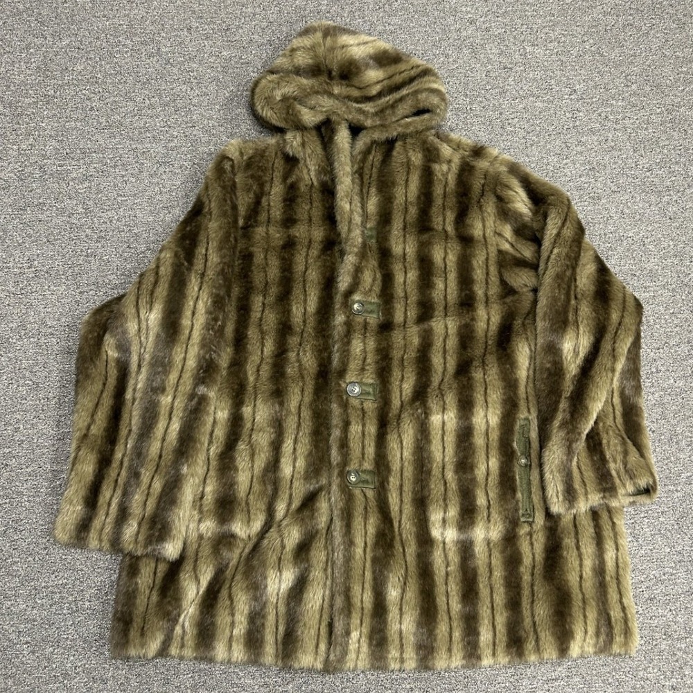 Dennis Basso Faux Fur Coat Womens 3X Green Striped Hooded Toggle Jacket